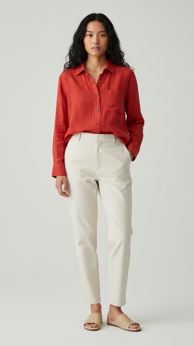 Relaxed Linen Blend Shirt - Red