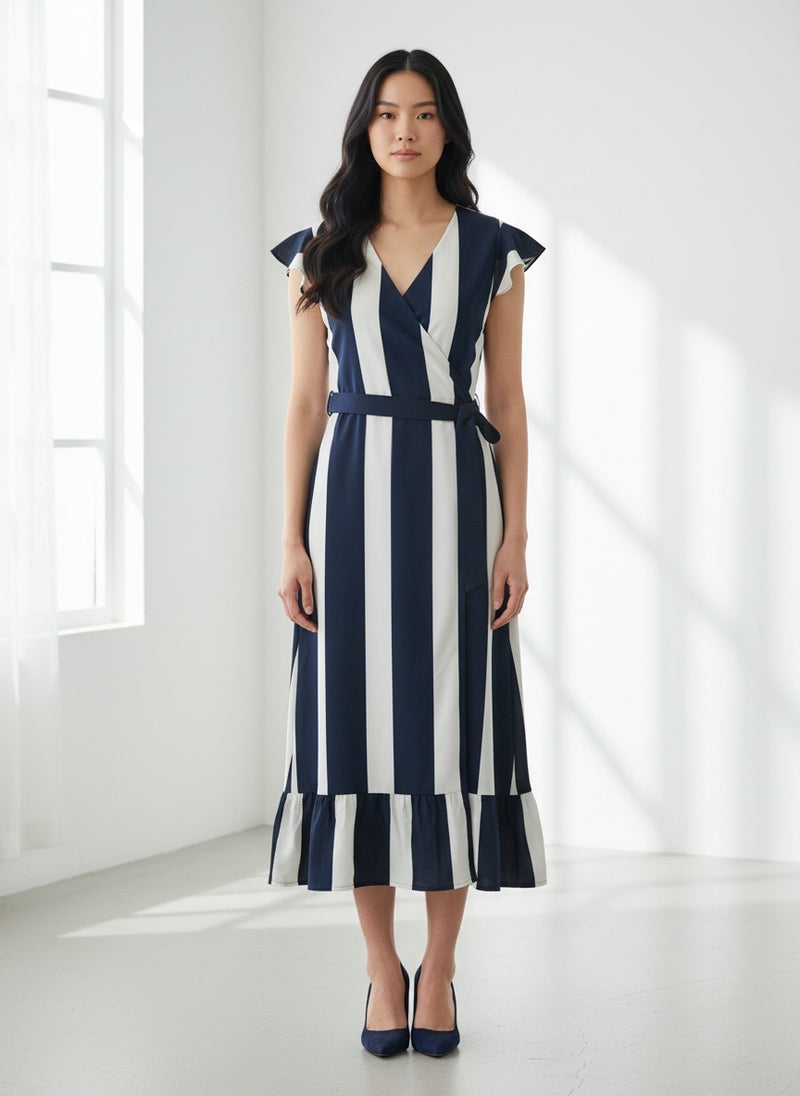 Striped Viscose Maxi Dress - Navy