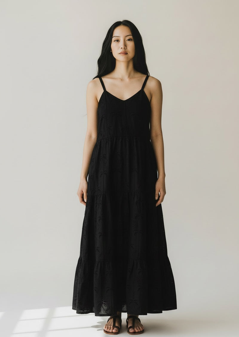 Embroidered Cotton Maxi Dress - Black