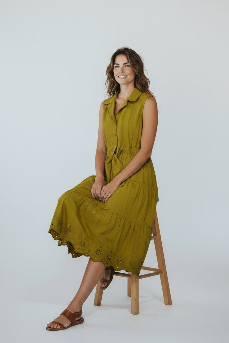 Embroidered Cotton Tiered Dress - Olive