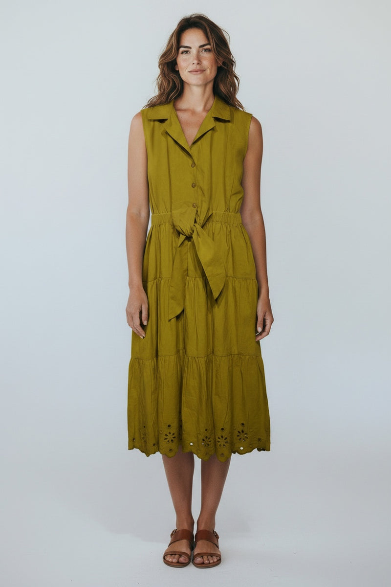 Embroidered Cotton Tiered Dress - Olive