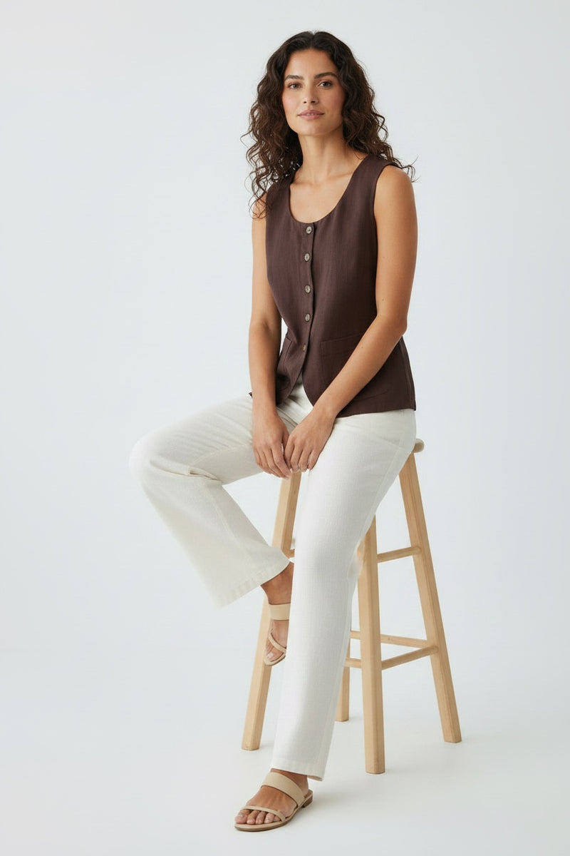 Round Neck Linen Blend Waistcoat Jacket - Brown