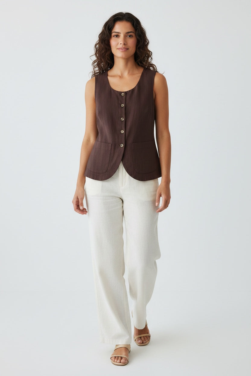 Round Neck Linen Blend Waistcoat Jacket - Brown