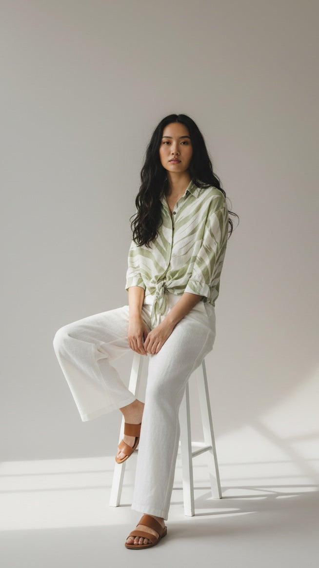 Palm Print Linen Blend Tie-Waist Shirt - Green