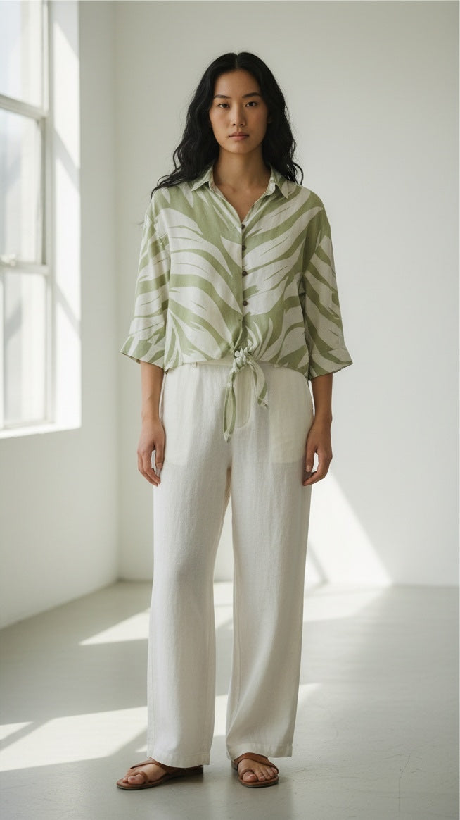 Palm Print Linen Blend Tie-Waist Shirt - Green