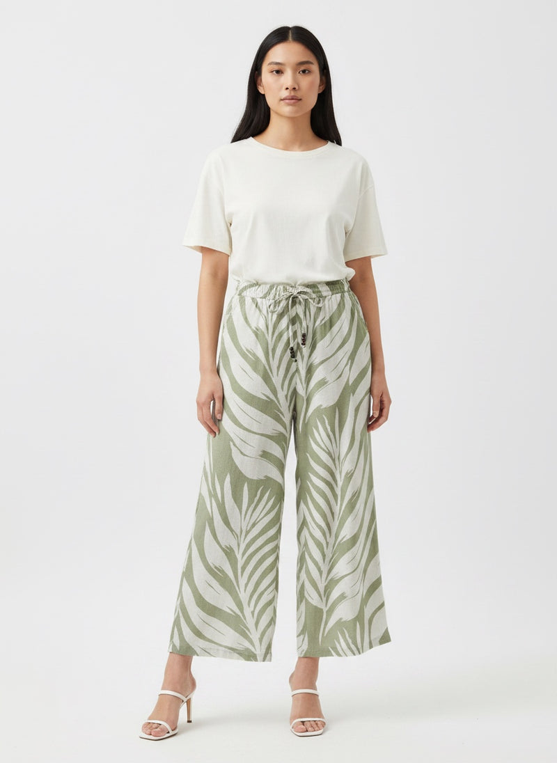 Palm Print Linen Blend Wide-Leg Pants - Green