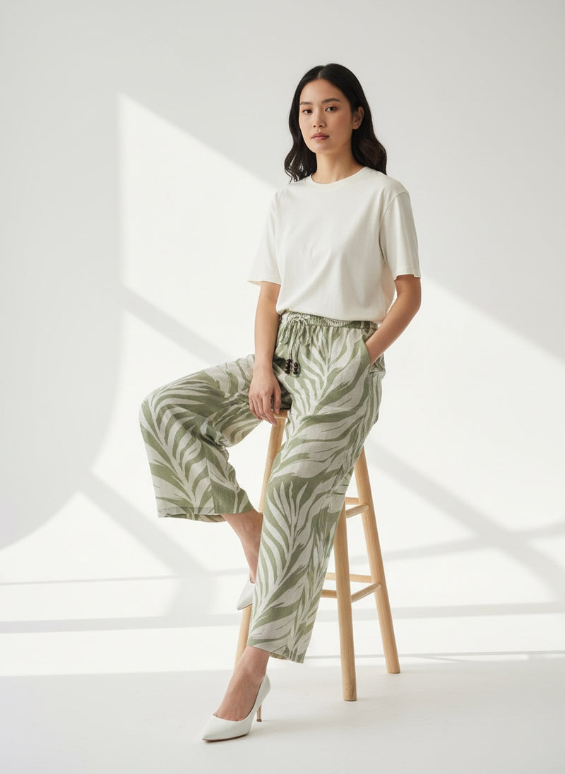 Palm Print Linen Blend Wide-Leg Pants - Green