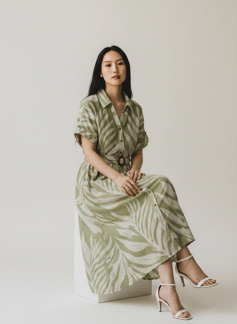 Palm Print Linen Blend Shirt Dress - Green