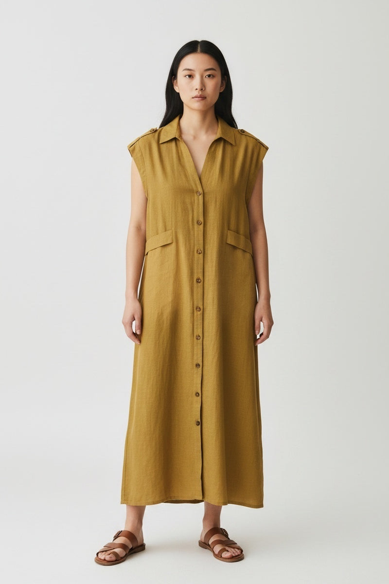 Belted Linen Blend Shirt Dress - Khaki