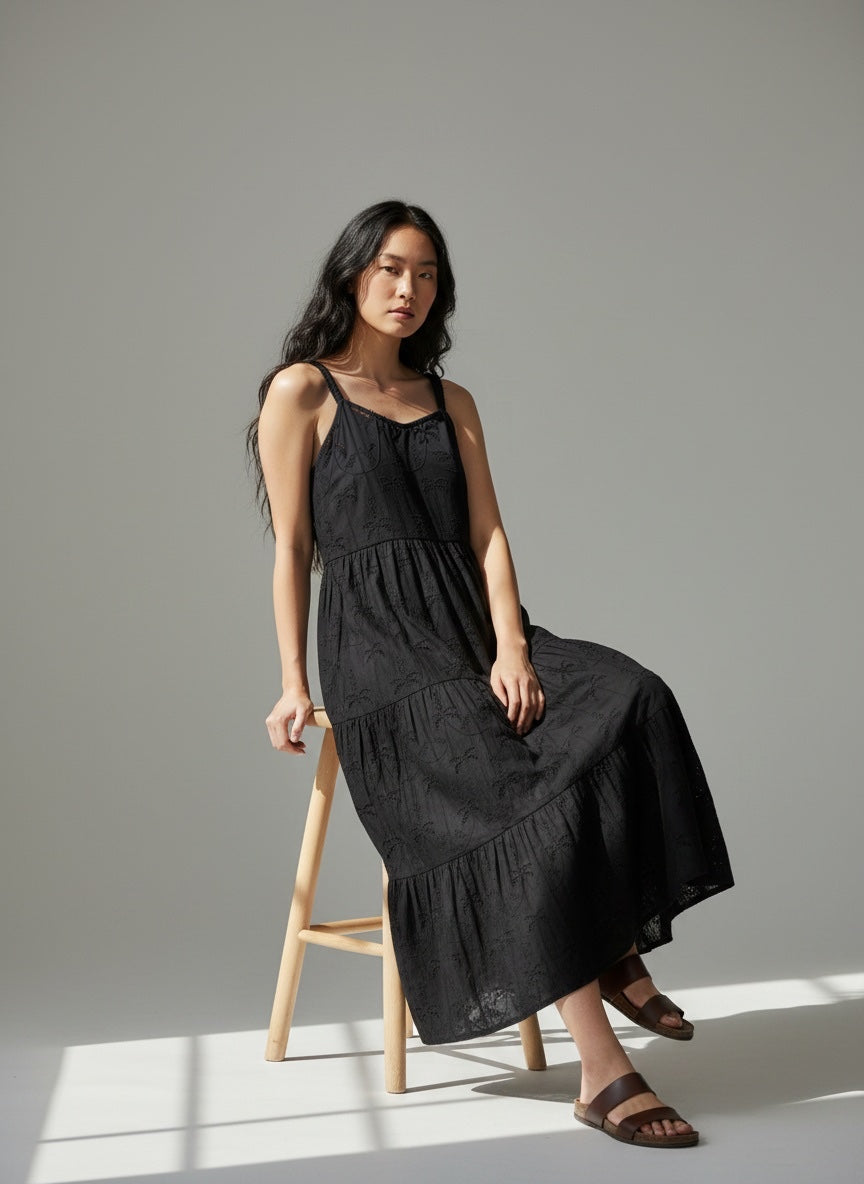Embroidered Cotton Maxi Dress - Black