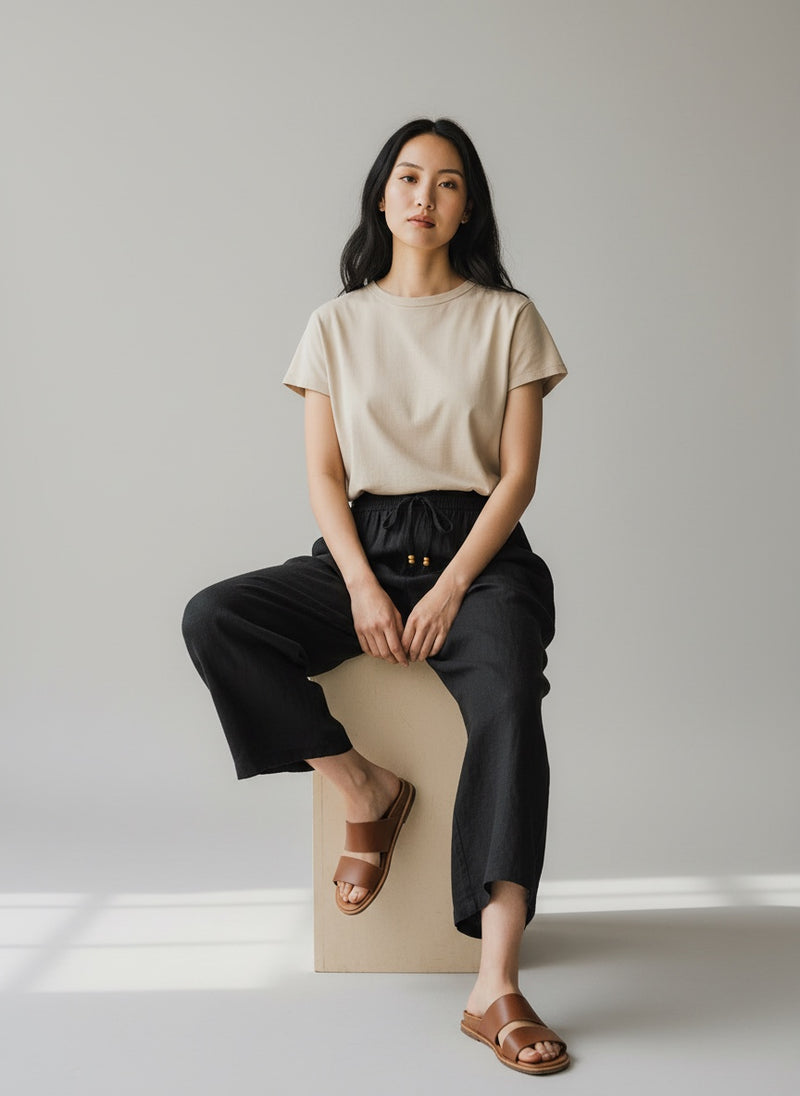 Wide-Leg Linen Blend Pants - Black