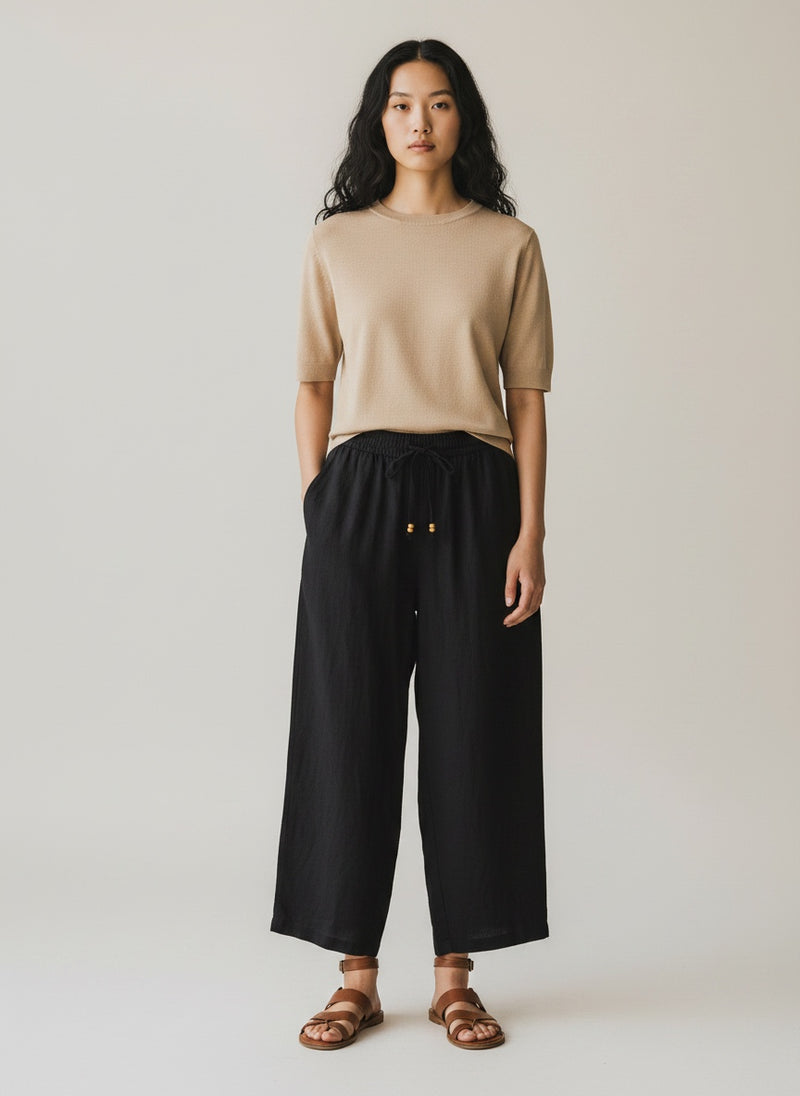 Wide-Leg Linen Blend Pants - Black