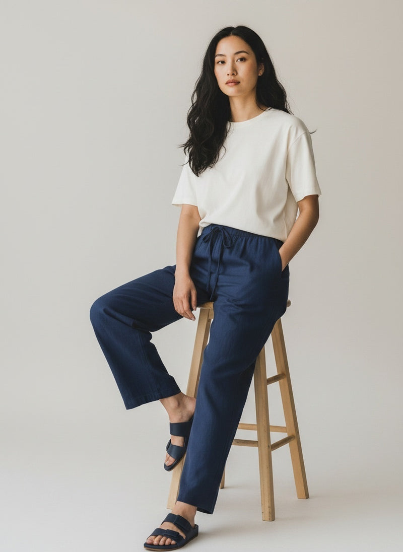 Tailored Cotton-Linen Pants - Navy