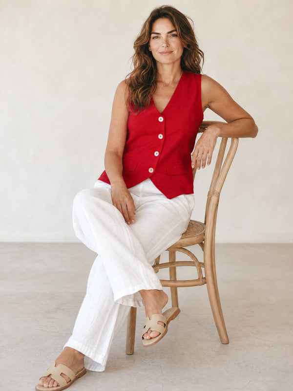 V-Neck Linen Blend Waistcoat Jacket - Red