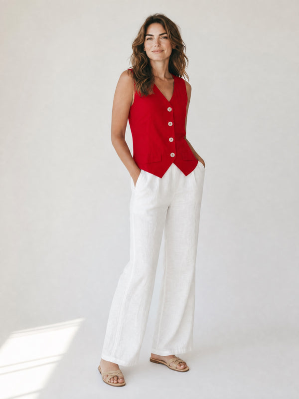 V-Neck Linen Blend Waistcoat Jacket - Red