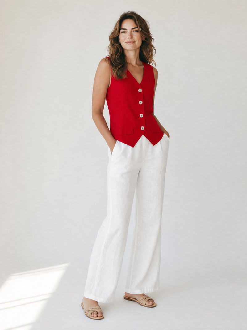V-Neck Linen Blend Waistcoat Jacket - Red