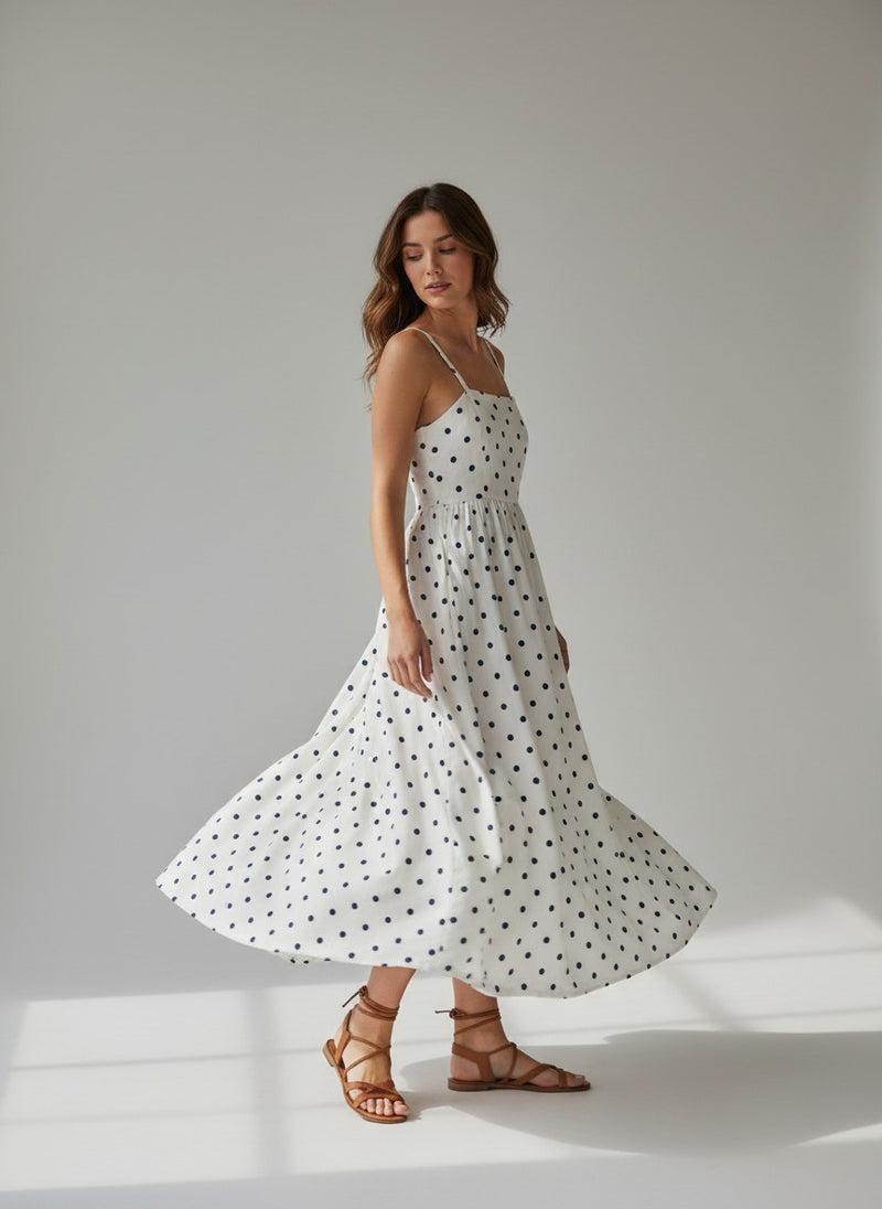 Polka Dot Linen Blend Maxi Dress - White