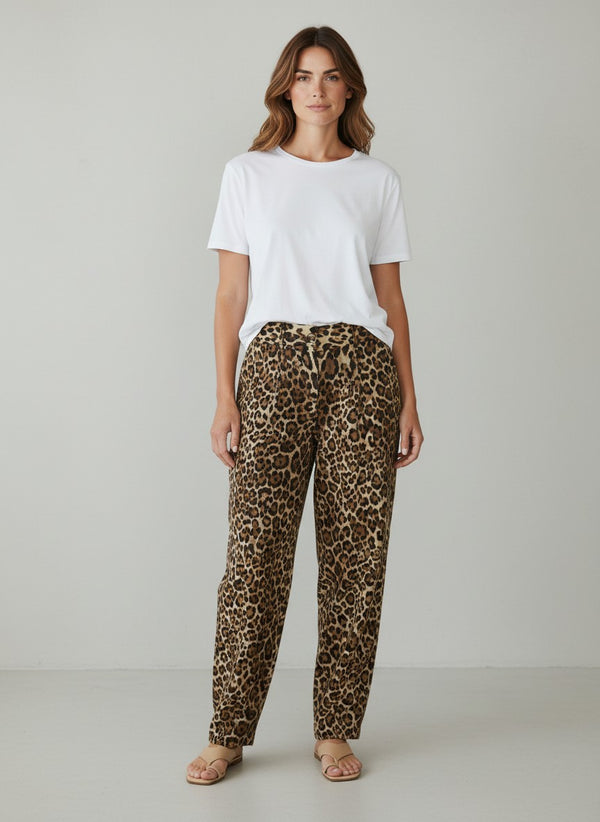 Leopard Print Linen Blend Pants - Leopard
