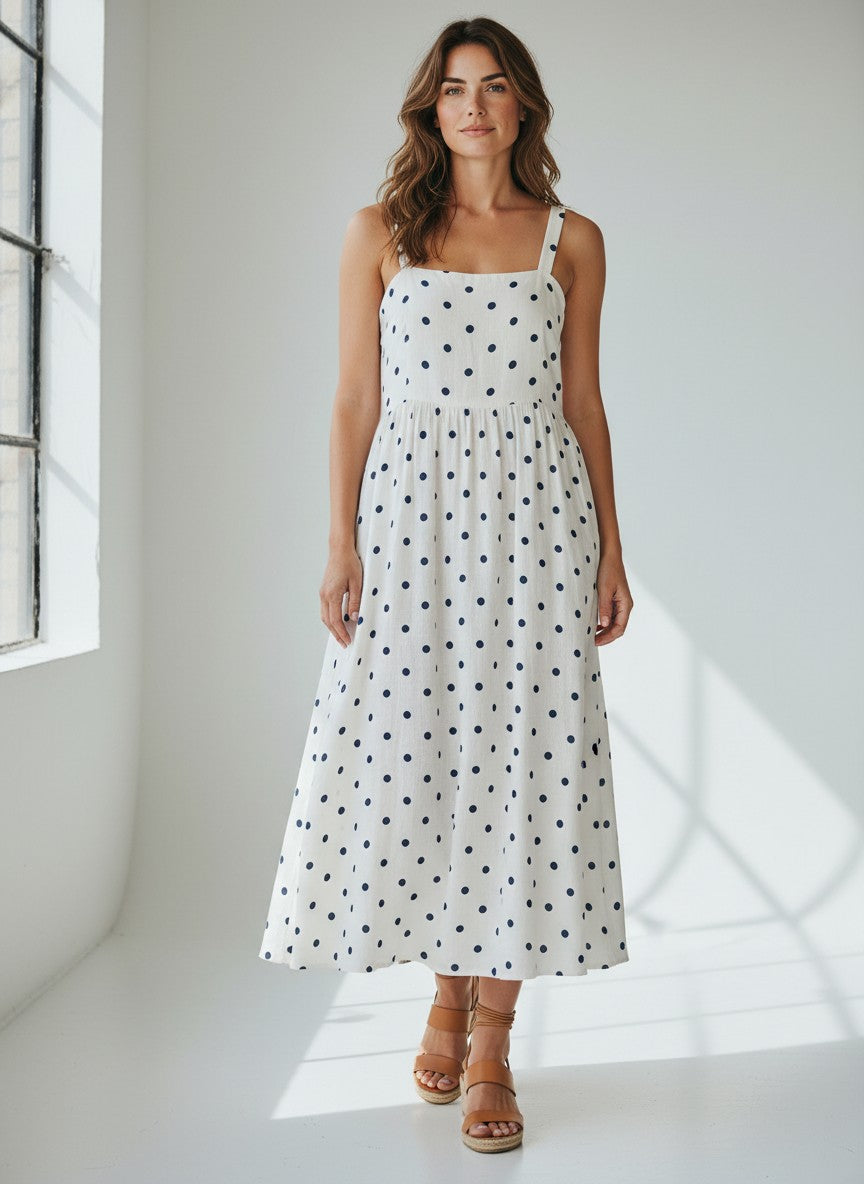 Polka Dot Linen Blend Maxi Dress - White