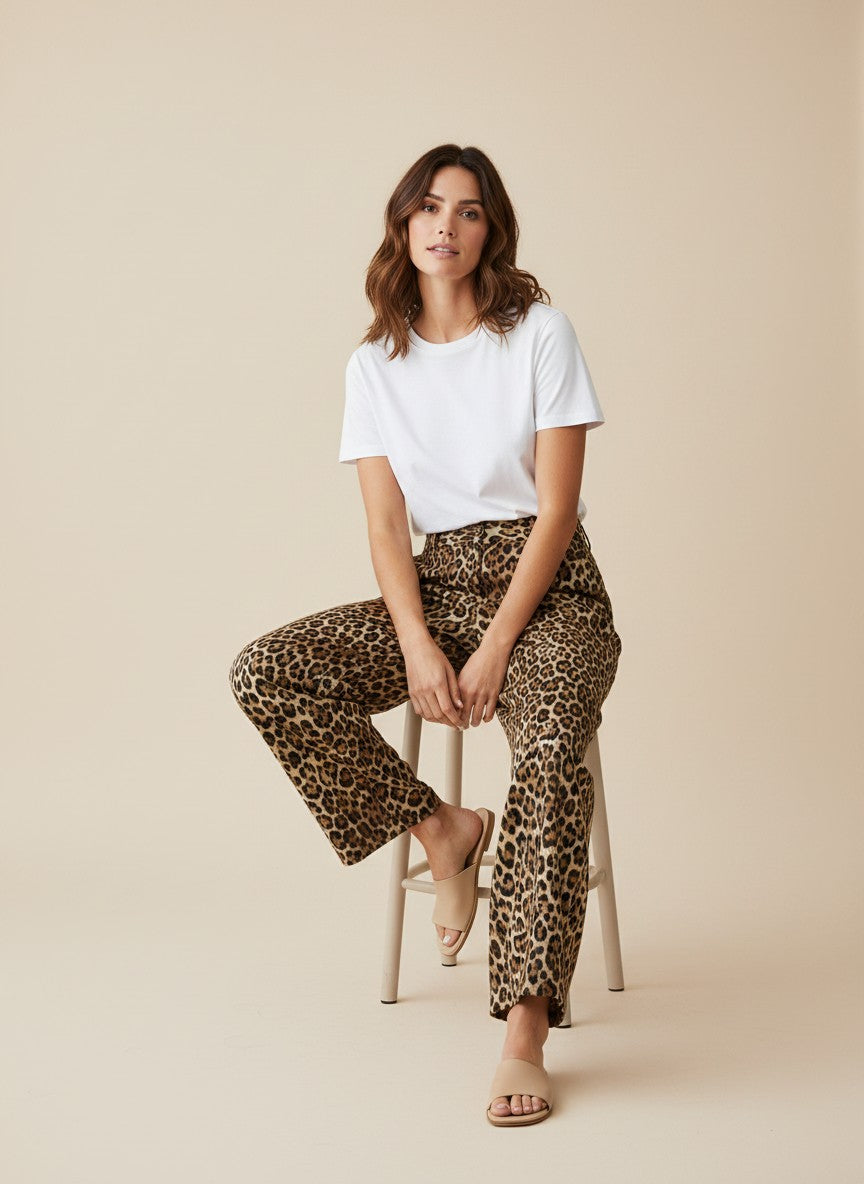 Leopard Print Linen Blend Pants - Leopard