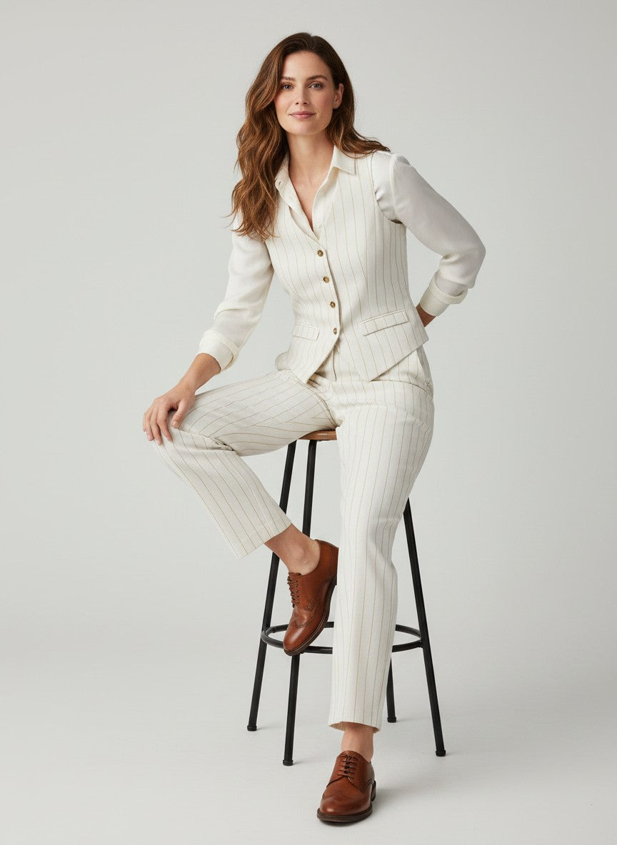 White Cotton Co-rd Set with Stripes