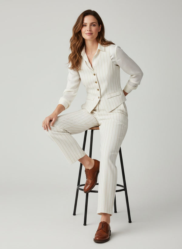 White Cotton Co-rd Set with Stripes