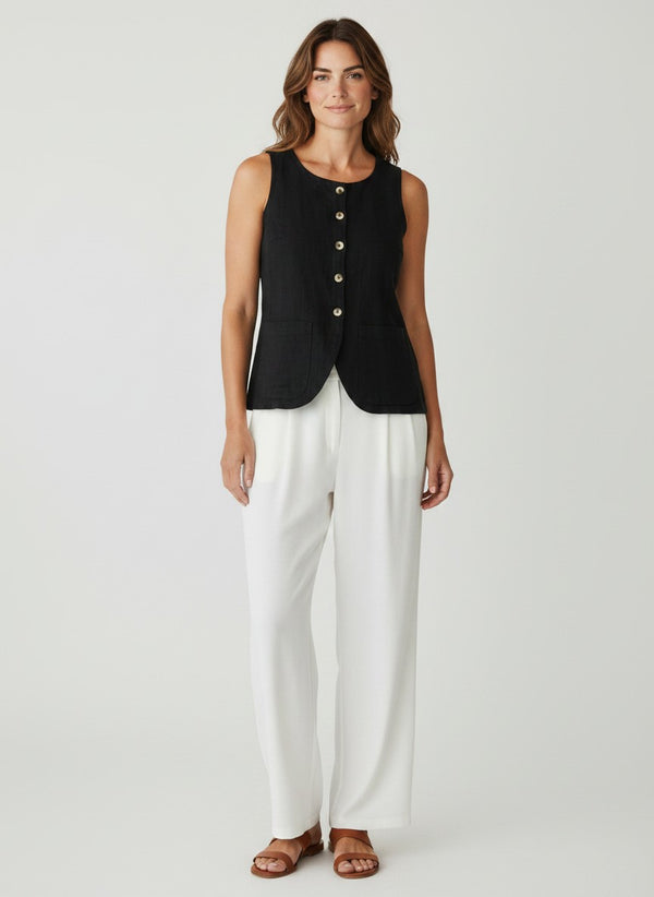 Round Neck Linen Blend Waistcoat Jacket - Black