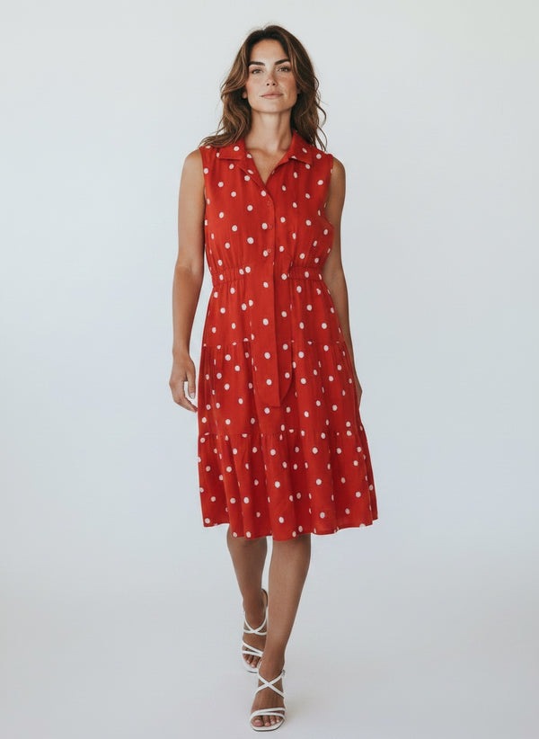 Polka Dot Linen Blend Tiered Dress - Red