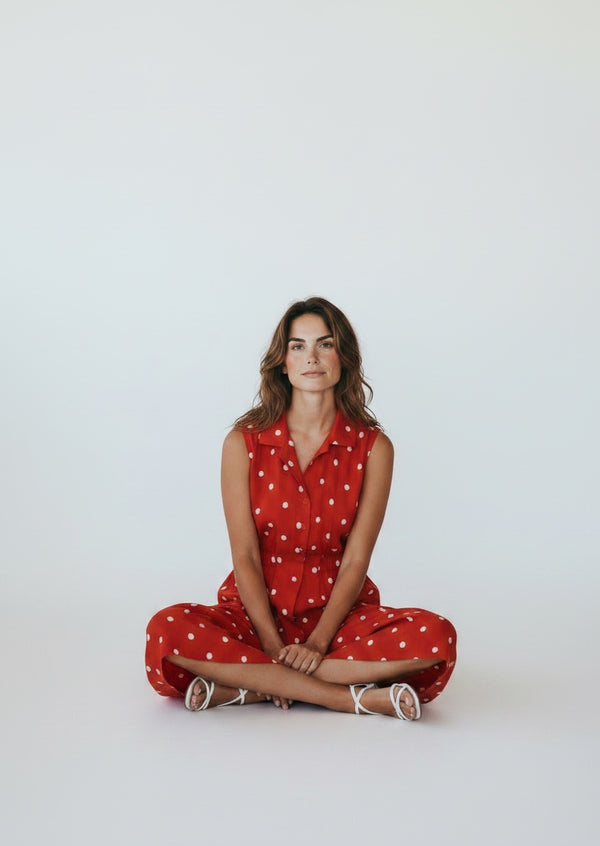Polka Dot Linen Blend Tiered Dress - Red