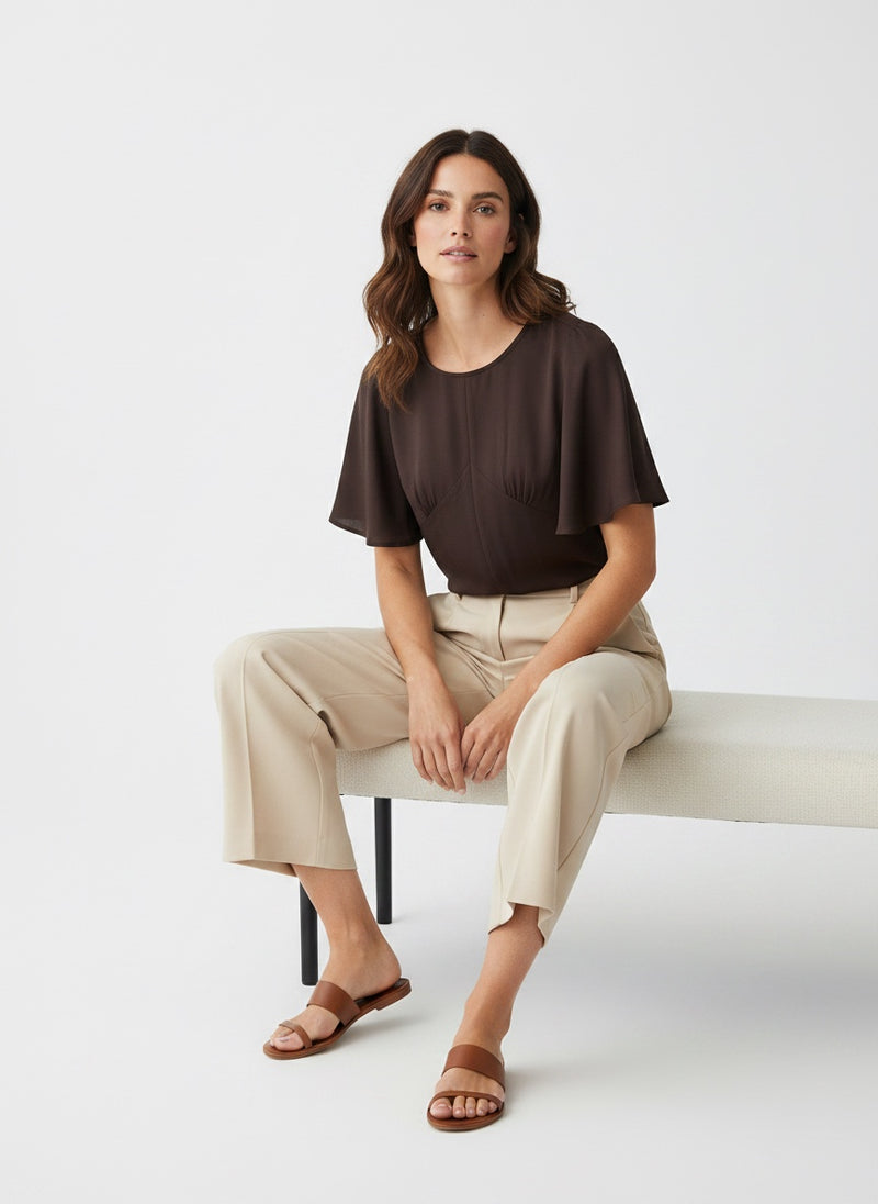 Flutter Sleeve Viscose Blouse - Brown