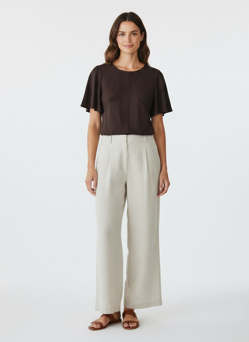 Flutter Sleeve Viscose Blouse - Brown