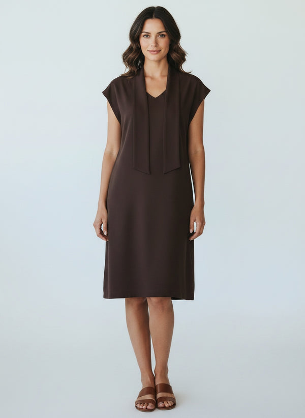Tie-Neck Viscose Shift Dress - Brown