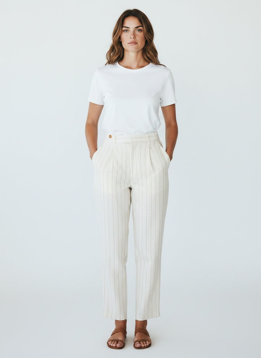 Pinstripe Cotton Tailored Pants - White