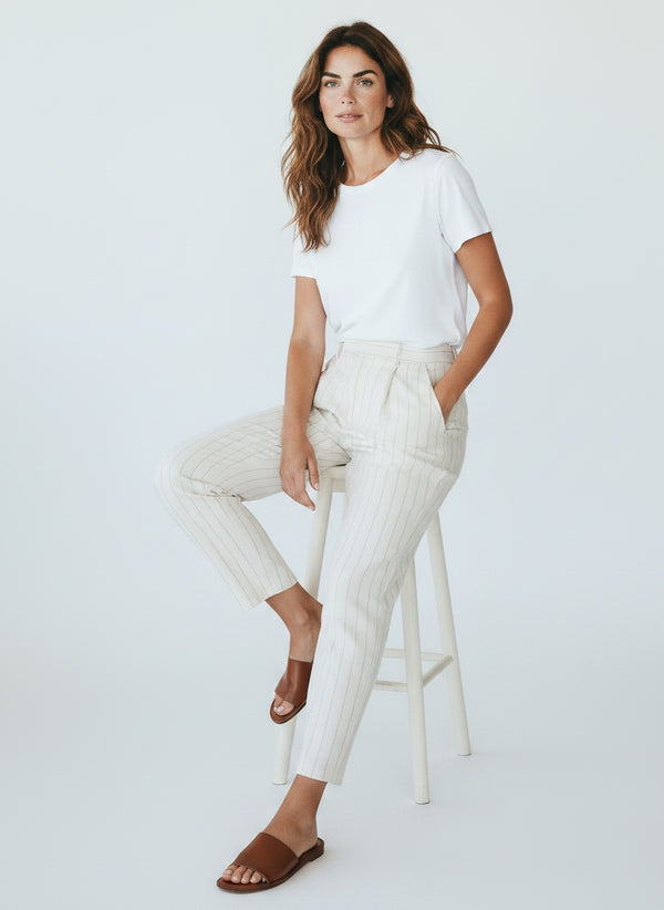 Pinstripe Cotton Tailored Pants - White