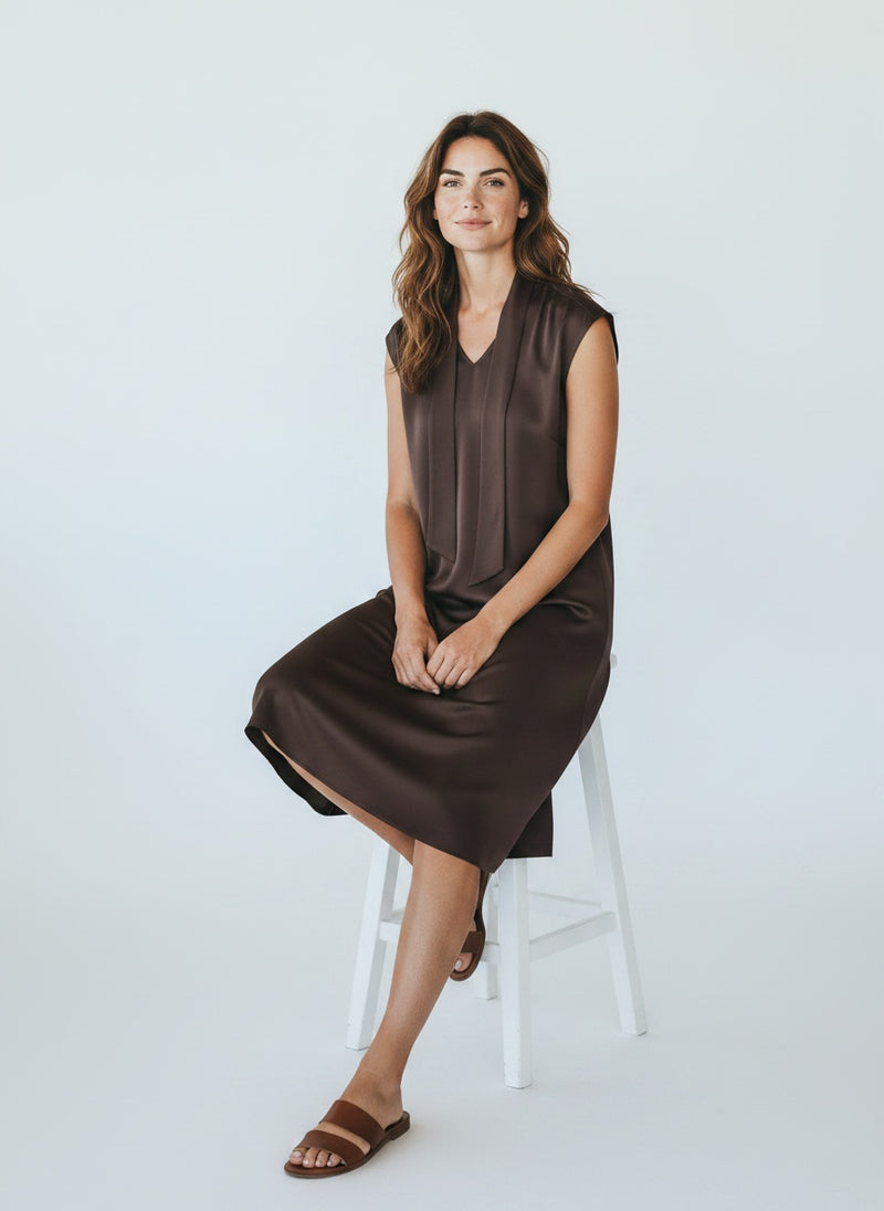 Tie-Neck Viscose Shift Dress - Brown