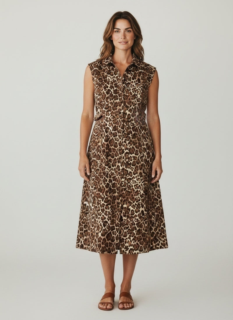 Leopard Print Linen Shirt Dress - Leopard