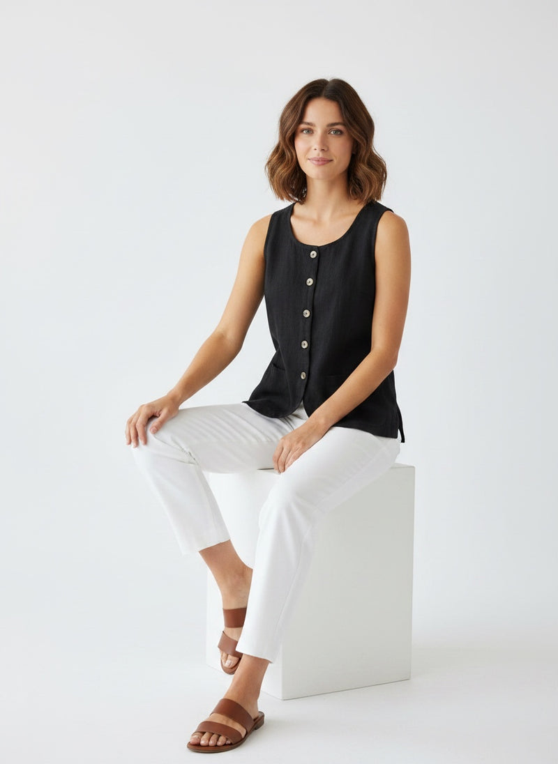 Round Neck Linen Blend Waistcoat Jacket - Black