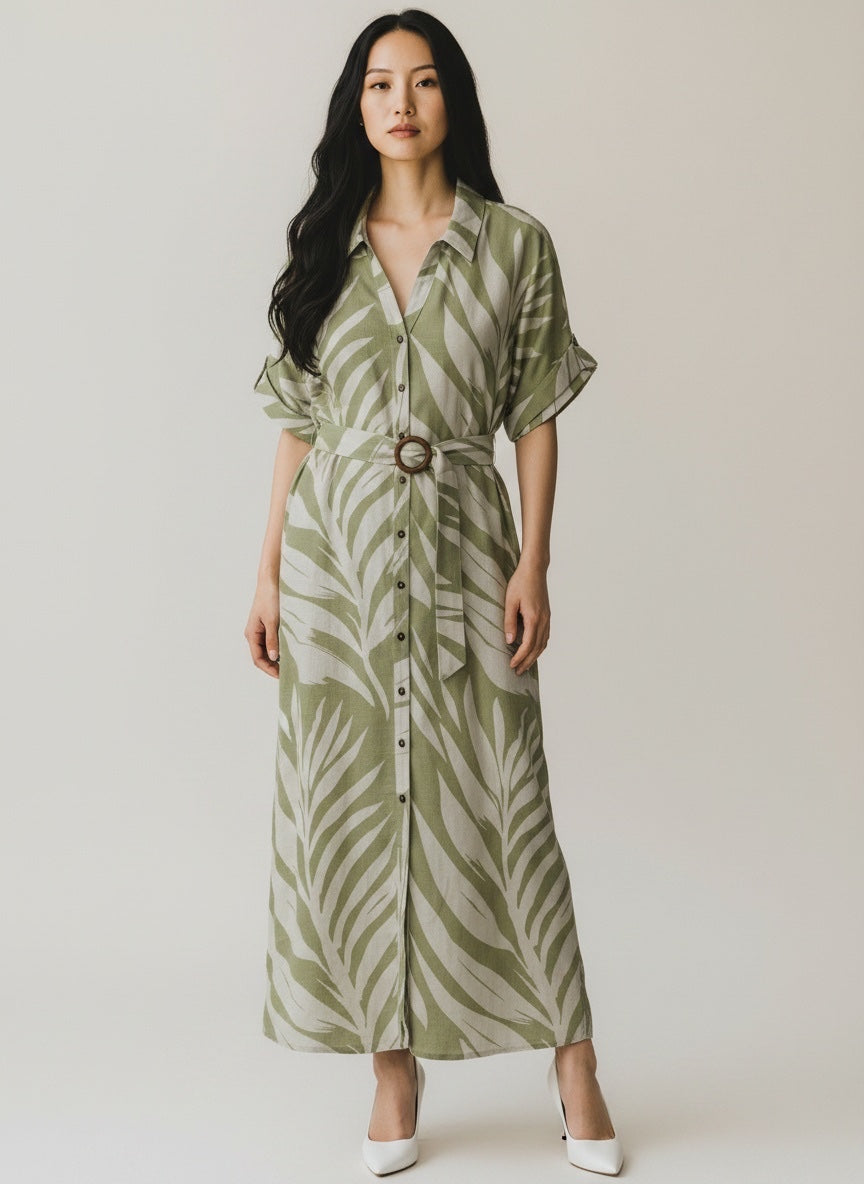 Palm Print Linen Blend Shirt Dress - Green