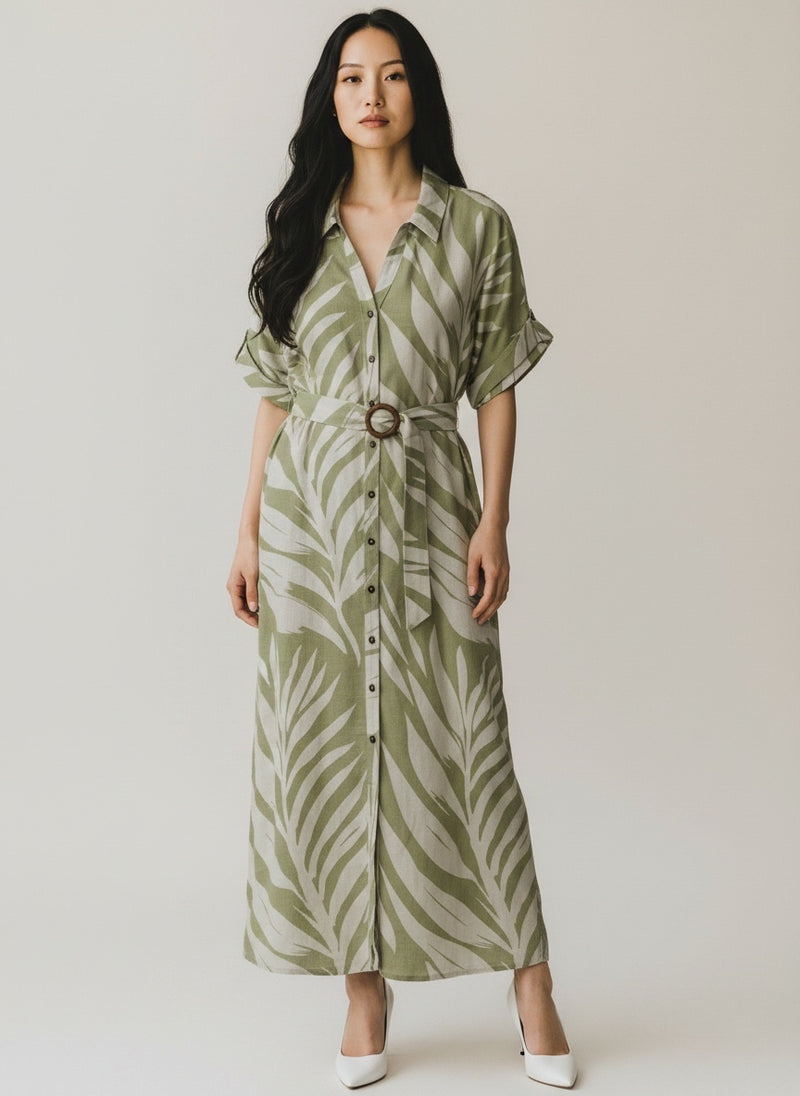 Palm Print Linen Blend Shirt Dress - Green