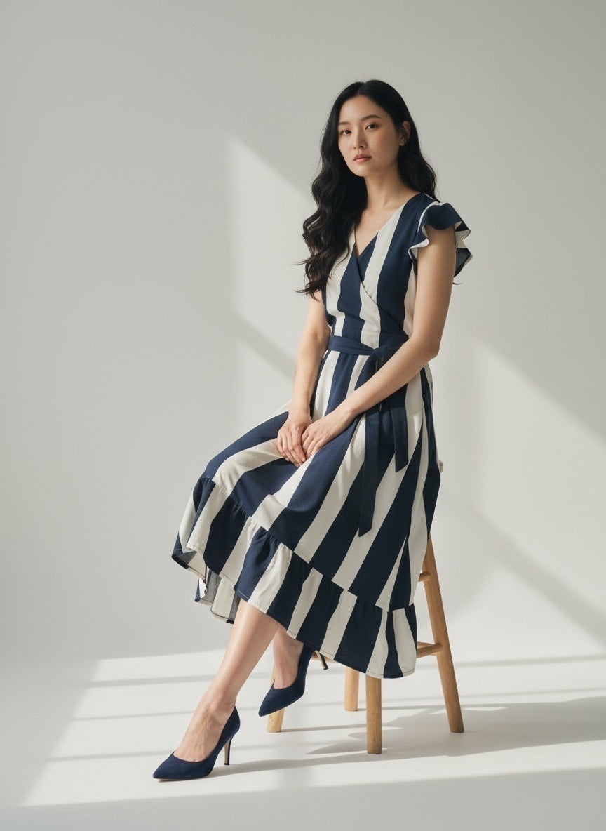 Striped Viscose Maxi Dress - Navy